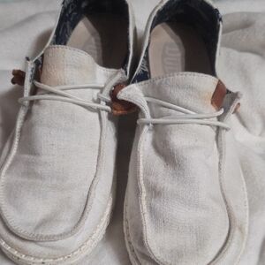 Hey Dude White Canvas Loafers with Brown Accents